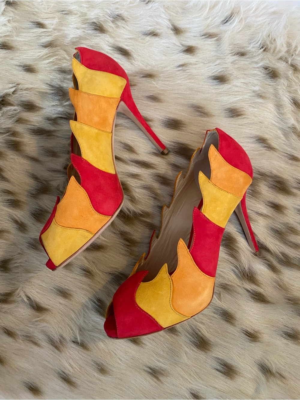 Gianmarco Lorenzi Red, Yellow & Orange Suede Peep-Toe Pumps - Picture 3 of 8